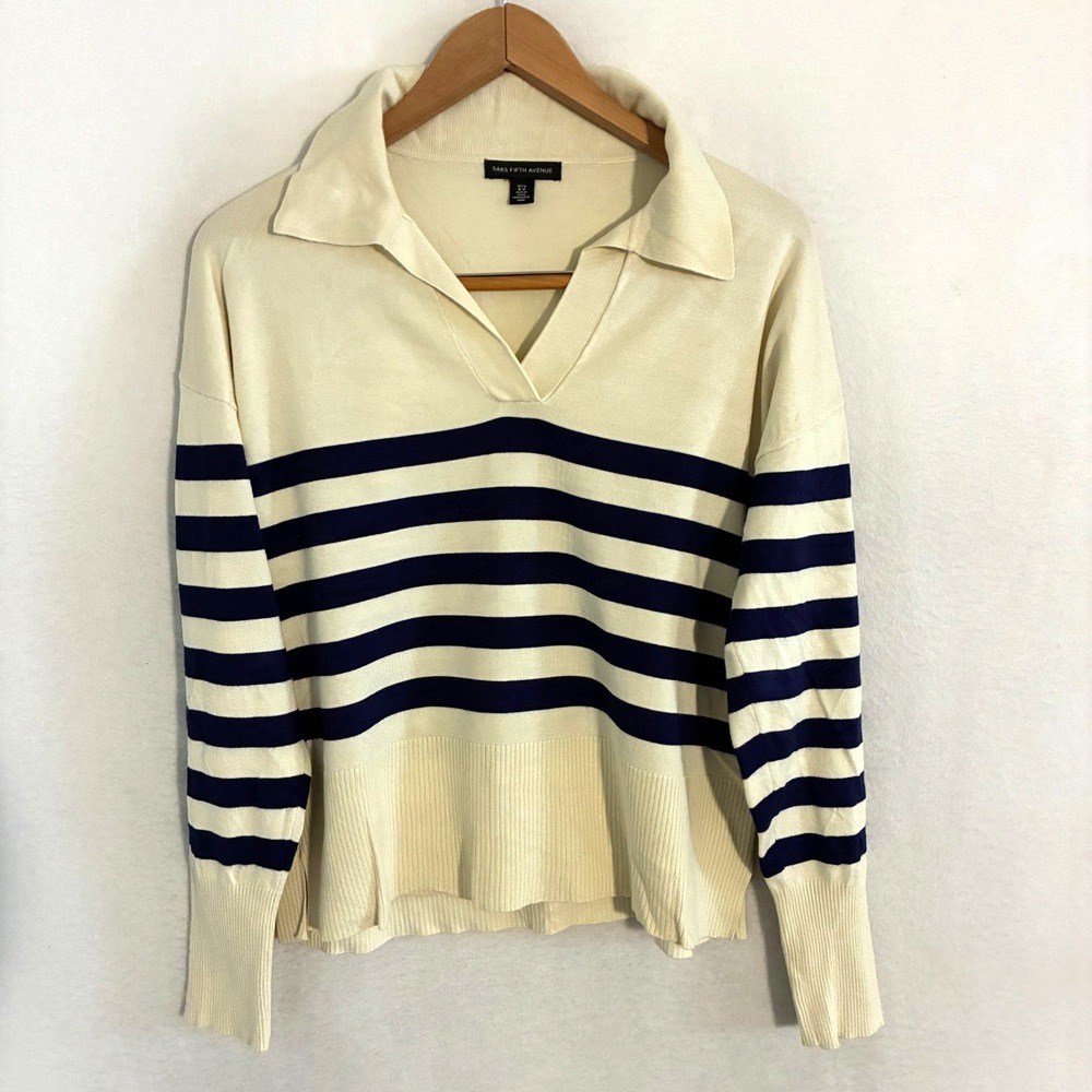 Saks Fifth Avenue Knit Collared Sweater Womens M Long Sleeve Striped Designer